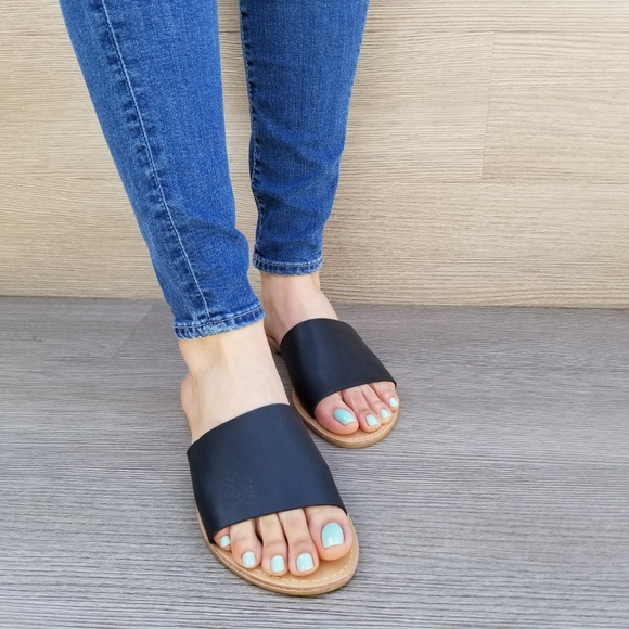 faux Leather Slip on Slider Black Flat Sandals-D - Picture 5 of 8